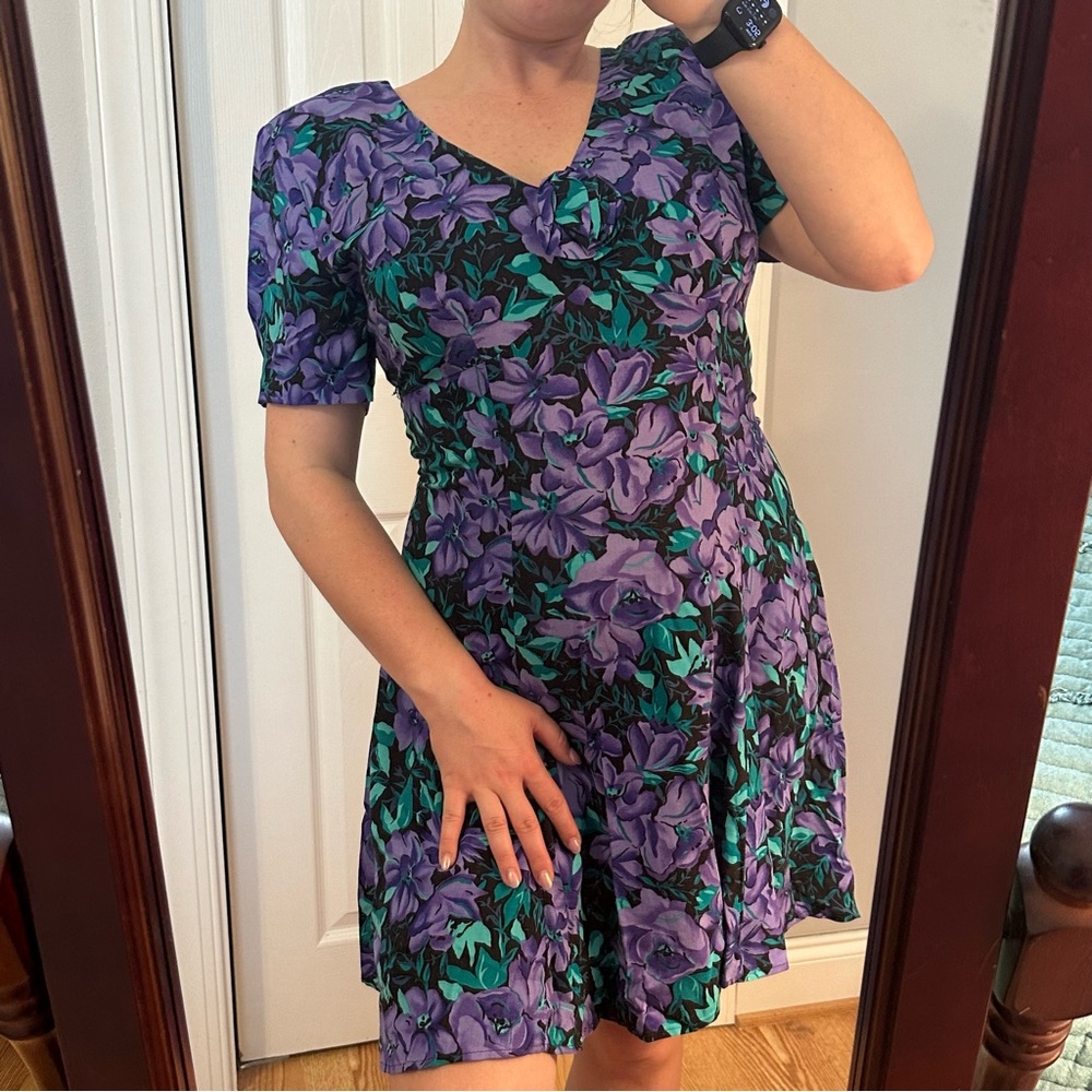 True Vintage Rampage Made in USA Purple and Teal A-Line Floral Mini Dress Size 7